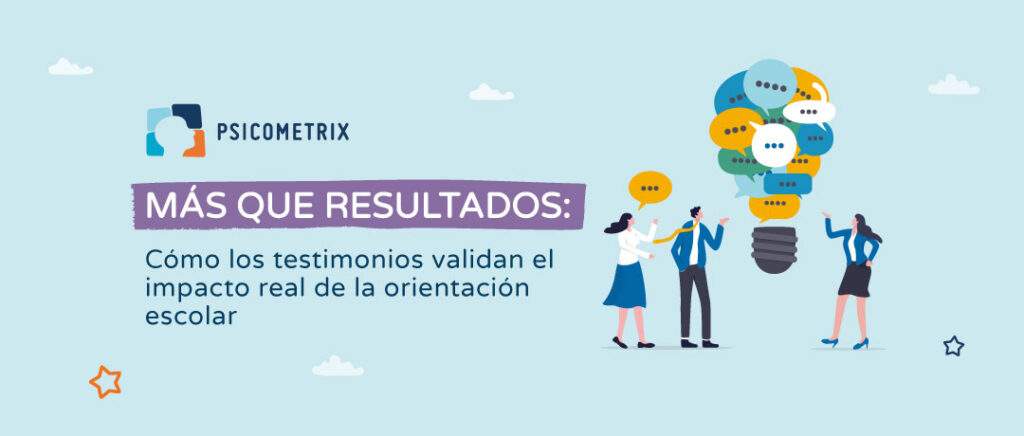 Psicometrix - Grupo de personas interactuando con ideas en una bombilla, simbolizando el impacto y los testimonios de la orientación escolar