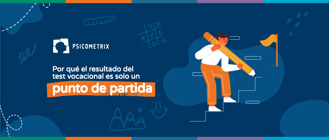 Ilustración de estudiante subiendo escalera con lápiz gigante, simbolizando el test vocacional como punto de partida.