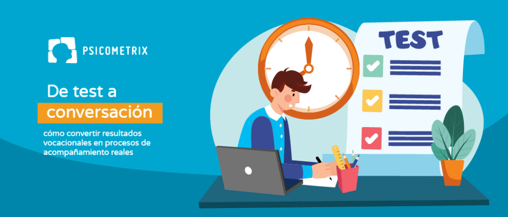 Estudiante frente a un test vocacional en computador, representando orientación y acompañamiento educativo